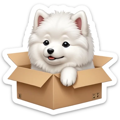  A very cute young Samoye  with one's head tilted to one side poked its paws out of the cardboard big box and placed them on top of it sticker