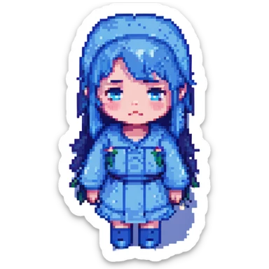 sad girl, simple and cute, blue tones, pixel art style sticker