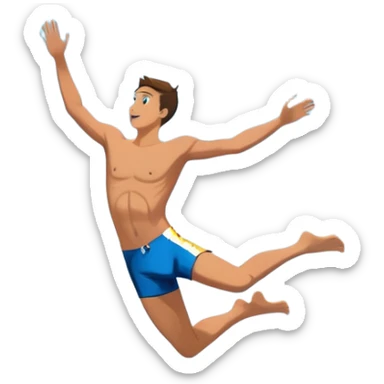 A diver mid-air, diving from a rocky cliff into the sparkling blue ocean below. The background shows a dramatic cliffside and clear sky, capturing the daring and exhilarating nature of cliff diving, with the water below ready to embrace the plunge. sticker