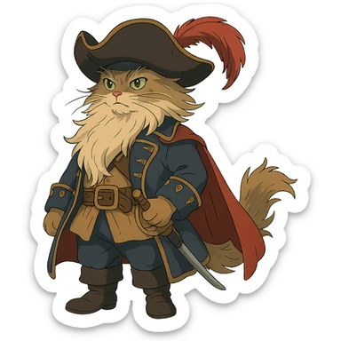 ghibli style cat dressed as pirate captain with flowing fur and detailed costume sticker
