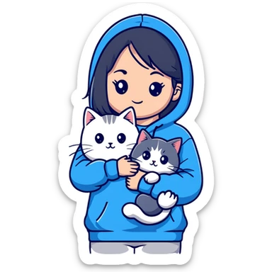 Girl with black hair in gray hoodie with a British shorthair blue and white cat and a long-haired blue and white cat sticker