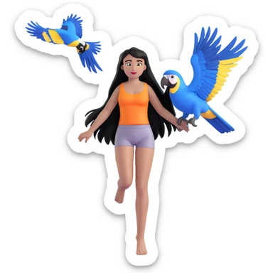 woman with long straight black hair, light brown skin, with blue macaws flying around her, and the three arches of Atalaia Beach (Aracaju-SE) in the background sticker