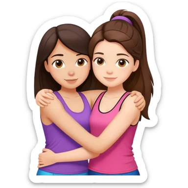 Two cute girl besties, one brunette, beautiful, hugging. Wearing different colored tank tops. They are average sized sticker