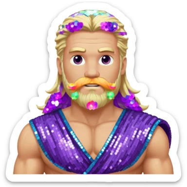 Zeus from Olympus Gods with long blonde hair and beard, purple sequin loincloth sticker
