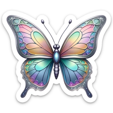 Pastel sparkly grey glittery iridescent rainbow transparent butterfly with detailed intricate patterns sticker