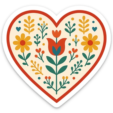 red heart with Scandinavian folk art, minimalist nature motif, bright folk colors, clean lines, simple floral elements, border around heart sticker