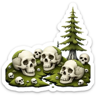 A surreal Alaskan night scape with mountains moss and moss covered trees with skulls coming out of the ground sticker