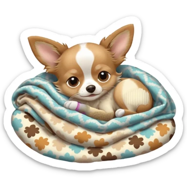 Long haired chihuahua, beige head, white chest and socks, sleeping cutely under blanket sticker
