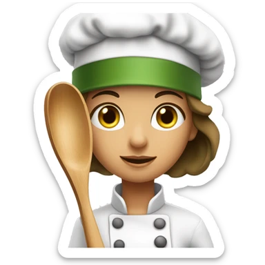 Brownhir and moss green eyes girl is a sporty girl an she is wearing a chef hat and holding a wooden spoon sticker