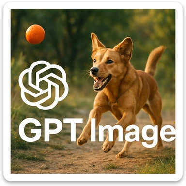  logo of chat gpt with text "GPT Image" on the background of a dog chasing ball, realistic image sticker