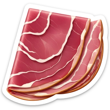 thin folded slices of cured ham two to three, deep pink to red, marbled with white fat, smooth and slightly translucent, soft curled edges, tender air-dried cut, apple emoji style, soft lighting, emoji scale sticker