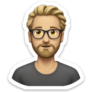 White Man with clear glasses and a black tshirt and a man bun and beard sticker
