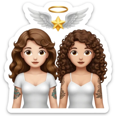 fake angel pose — long wavy brown hair tattooed woman and short tight curly brown hair woman — halo sparkle sticker