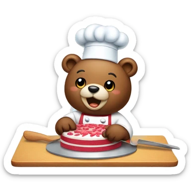 a bear chef slicing a cake on a cutting board  sticker