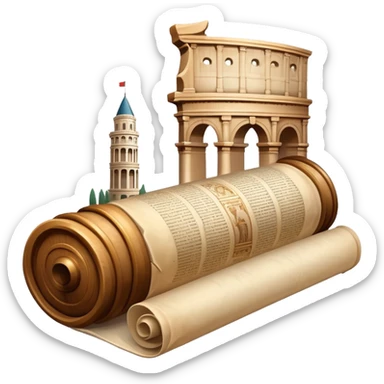 An icon featuring an ancient scroll, surrounded by famous historical landmarks and statues of notable figures, like the Colosseum or Napoleon. The design symbolizes the exploration of history through monuments and people. Transparent background highlights the pas sticker