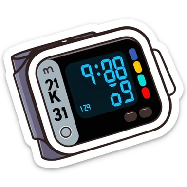 Digital blood pressure monitor showing high reading with numbers on display, hypertension sticker