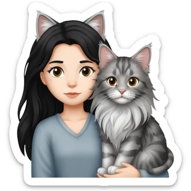 a silver based Maine Coon cat holding a black hair girl sticker