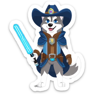 Gray Siberian Husky with blue eyes puppy wearing a cowboy hat dressed in Jedi clothing Holding a Lightsaber with the Paw sticker