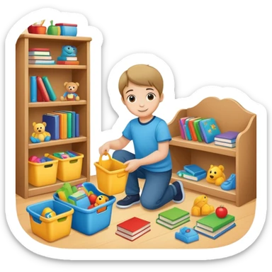 child tidying up their room, putting toys and books away, cheerful and organized sticker