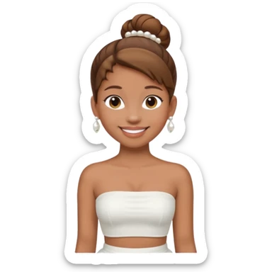 Full body, Light brown skin girl, brown hair in bun, smiling, white strapless tube top, pearl earrings sticker
