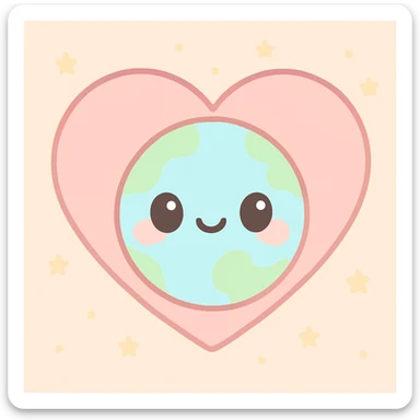 heart encircling a small Earth, soft pastel colors, kawaii style sticker