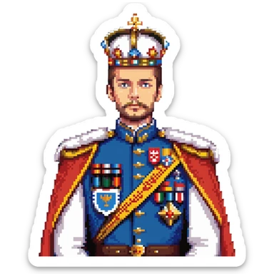 Russian Tsar with elaborate crown, decorated military uniform with medals, royal cape sticker