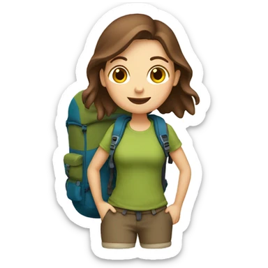 Hiking woman with brown hair and a backpack sticker