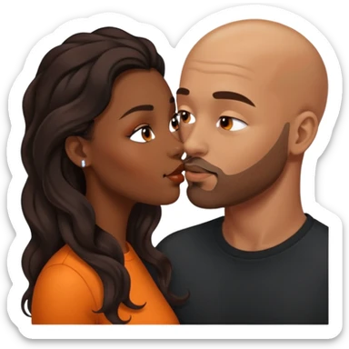 ebony black women with long brown/black balayage wavy hair.  kissing bald white man. White man has orange facial hair sticker