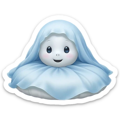 An adorable, peacefully floating sheet-like ghost in gentle pastel whites and blues, its soft, rounded form loosely draped, head resting with closed, serene sparkling eyes and a tiny, contented smile, simplified yet irresistibly charming, highly detailed, with a soft glowing outline that captures the essence of a sleepy, endearing spirit wrapped in cozy slumber! sticker