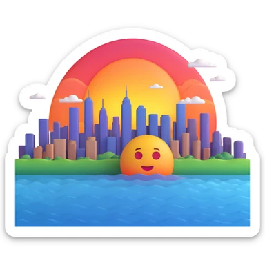 sunset emoji with a city skyline, soft gradients sticker