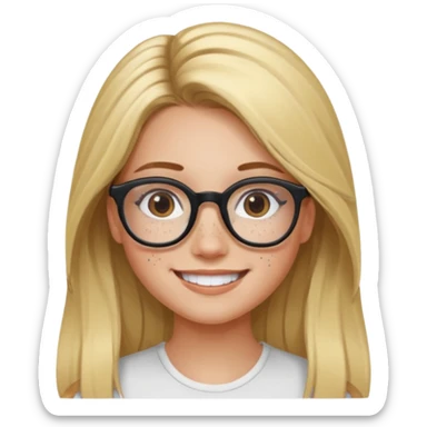 blonde girl with brown roots, long hair, freckles, black frame glasses, smiling sticker