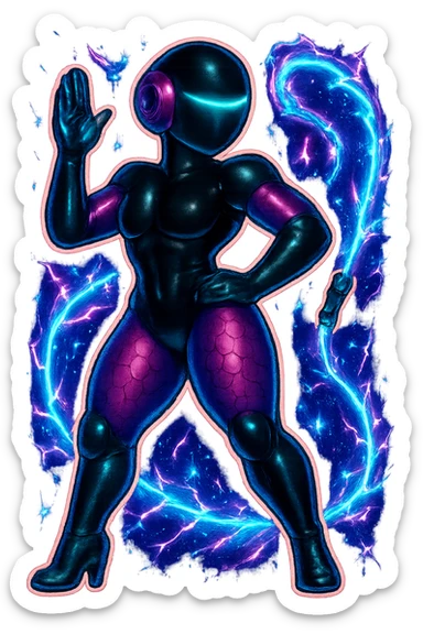 Add electric effects, lightning arcs and glowing sparks around the female robot, keep the retro sticker style, glossy black and purple, transparent background. sticker