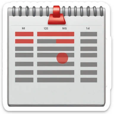 Table calendar with red top, grey and red squares for days, and beside it a round clock. sticker