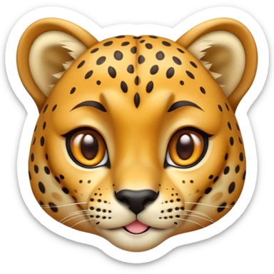Cinematic Cute Cheetah Portrait Emoji, Head tilted playfully and inquisitively, featuring a glossy, golden spotted Fur with a natural sheen, round, sparkling amber eyes filled with curious mischief, Simplified yet irresistibly adorable features, highly detailed, glowing with a warm, friendly glow, high shine, affectionate and agile, stylized with a touch of savannah whimsy, bright and endearing, soft glowing outline, capturing the essence of a mischievous yet loving cheetah, so playful it feels like it could dash out of the screen and into your arms! sticker