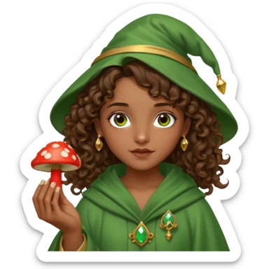 very beautiful italian girl, dark brown eyes, looking like Emma Watson, with curly and big volume very bright brown hair, and a golden piercing ring in nose on left side, dressed in a beautiful wizard robe of green colors, holding red fly mushroom sticker
