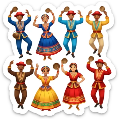 Icon for Folk Dance: a group of men and women performing a national dance in vibrant traditional costumes, with some holding castanets and tambourines. The icon should capture the festive and cultural energy of folk dance. Transparent background. sticker