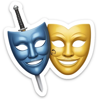 A sword in the middle, on the write sad mask and on the left happy mask sticker