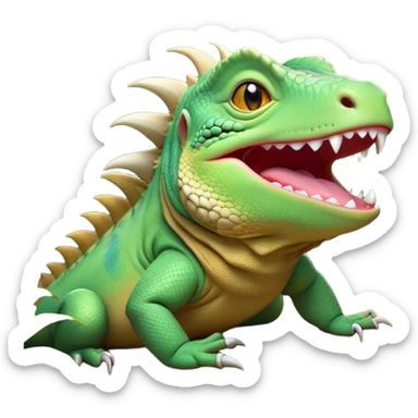 Cinematic Cute Yawning Iguana Portrait Emoji, Head tilted slightly with a dramatic, wide-open yawn, showcasing a sturdy, scaled body with a softly drooping spiky crest and sleepy, half-closed eyes, Simplified yet irresistibly adorable features, highly detailed, glowing with a soft, cozy jungle glow, high shine, relaxed yet expressive, stylized with a dash of whimsical charm, soft glowing outline, capturing the essence of a drowsy yet affectionate iguana that appears ready to stretch out for a nap! sticker