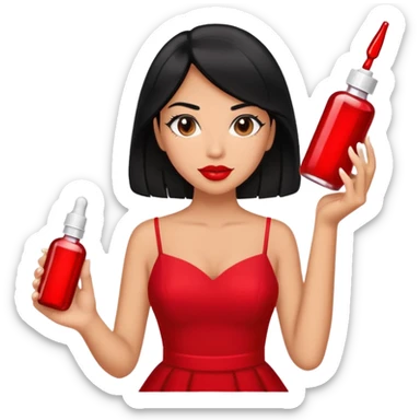 A grown woman wearing a red dress , red lipstick , black hair while holding a dropper bottle  sticker