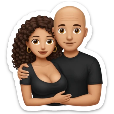A picture of an embracing tanned couple. the man is a Mexican man with tanned skin, with a bald hair cut, and wearing a black shirt. the woman is mixed, glasses,  with long curly dark brown hair and with big boobs. Remove the glasses from the man sticker