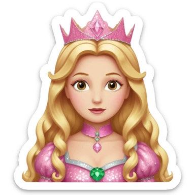 Glinda from The Wizard of Oz with long golden blonde hair, pink sequin outfit sticker