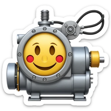 Industrial mechanical motor with a smiley face, emoji for the new electric music genre Motor breaks must be friendly and sellable must be small but clear child friendly, ready to use as a logo, motor synth make sure it's not Cold the Face must look like it's part of the machine sticker