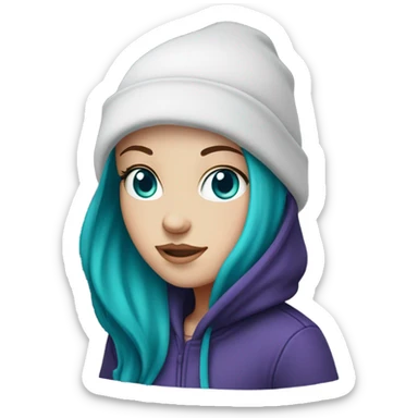 White girl, blue eyes, long teal hair, purple beanie hat, black hoodie sticker