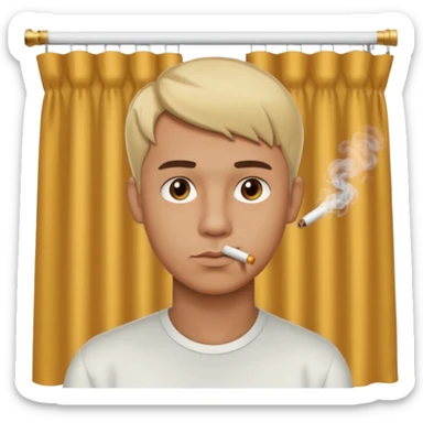 Man with blonde-brown curtain haircut with a strong jawline and brown lit cigarette hanging out his mouth sticker