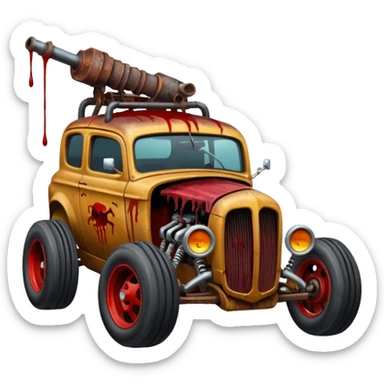 A mad max style hot rod in a zombie apocalypse, driving to the left. In the style of your bleeding skull art sticker