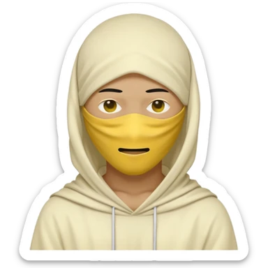 masked yellow white skin figure with cloth overing head and face / rap style like yeat kinda cloth covering head and face. rap style and minimalistic and mysterious. no eyes a sticker