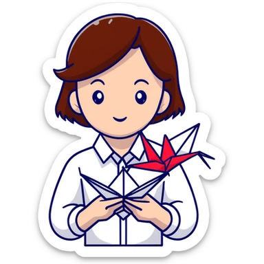 Ukrainian young girl with brown hair wearing a white embroidered shirt holds an origami red crane sticker