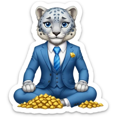 muscular snow leopard in suit with blue tie sitting on pile of gold nuggets sticker