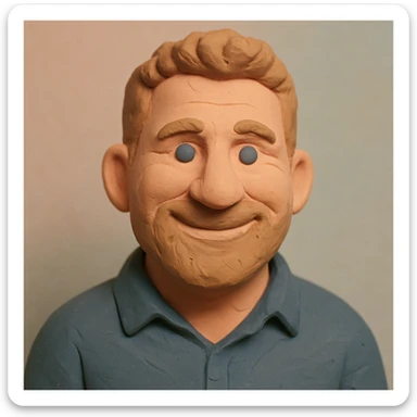Create a claymation-style portrait emoji based on the person in the reference image, looking a bit younger with a friendly expression. Use pastel colors and ensure visible clay texture. Focus on head and shoulders only. sticker