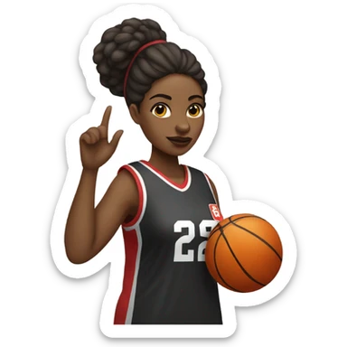 Black women with a basketball jersey on, holding a stop sign sticker